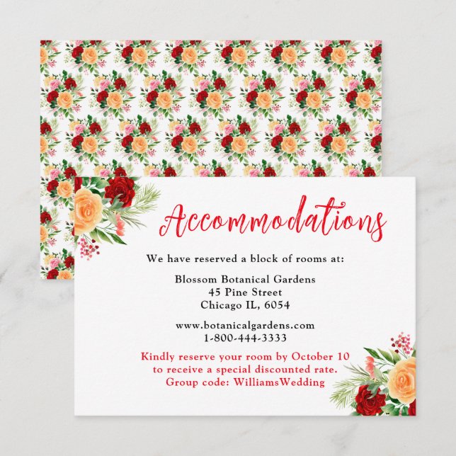 Romantic Roses Floral Wedding Accommodations Enclosure Card (Front/Back)