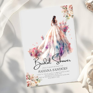 Romantic Roses Floral Wedding Dress Bridal Shower Invitation