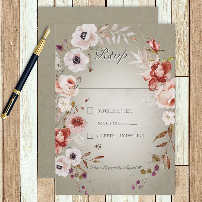 Romantic Roses Green Pink Floral Wedding RSVP Card (Creator Uploaded)