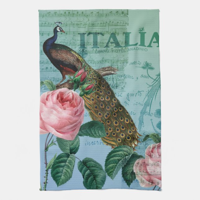 Romantic Roses Musical Peacock Tea Towel (Vertical)