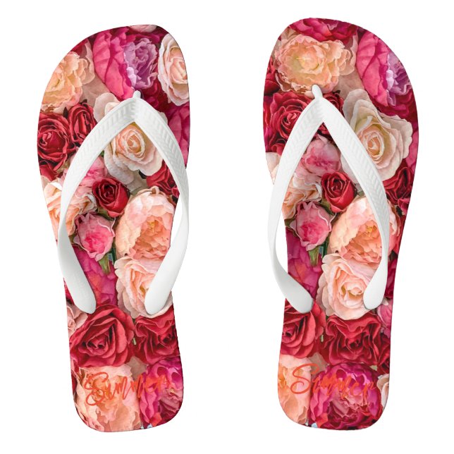 Romantic Roses Pink Red Bouquet Floral Jandals (Footbed)