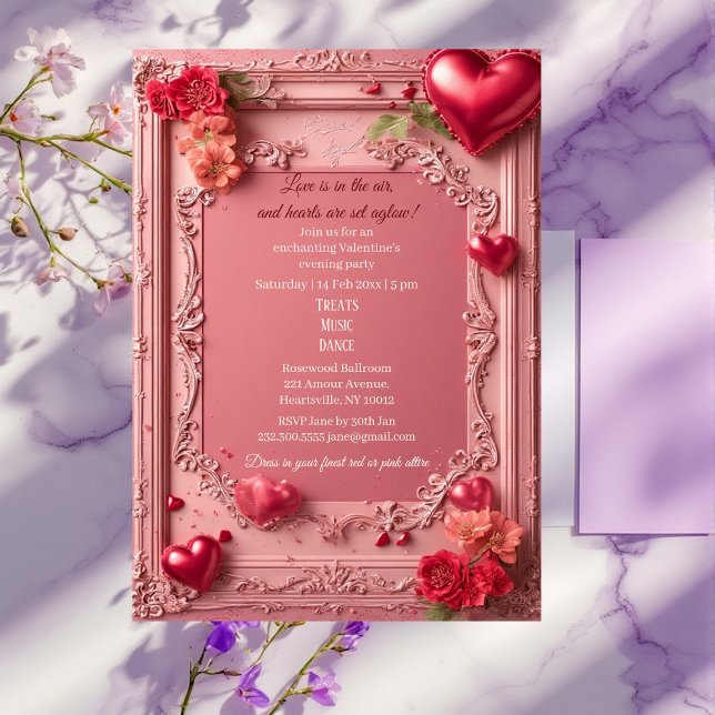 Romantic Roses Red Hearts Rustic Valentine Party  Invitation (Romantic Roses Red Hearts Rustic Valentine Party Invitation)