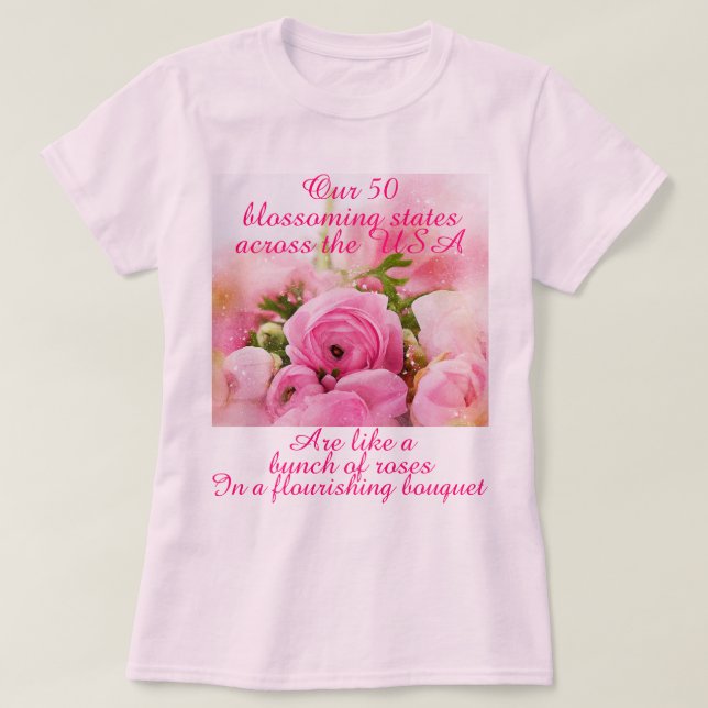 Romantic Roses USA 50 States Patriotic Pink Womens T-Shirt (Design Front)