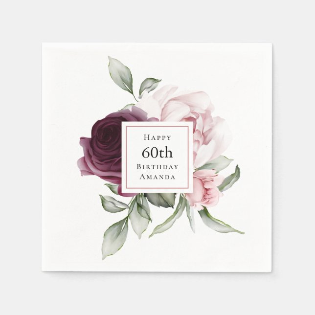 Romantic Roses Watercolor Botanical 60th Birthday Napkin (Front)