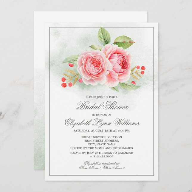 Romantic Roses Watercolor Bridal Shower Invitation (Front/Back)