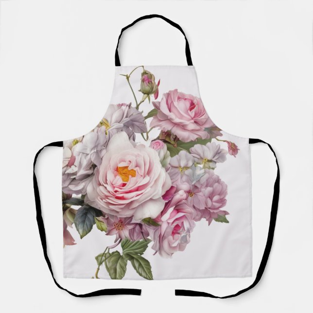 Romantic Roses & White Peonies Floral Apron (Front)