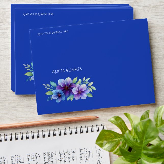 Romantic Royal Blue Botanical Watercolor Wedding  Envelope (Stacked)