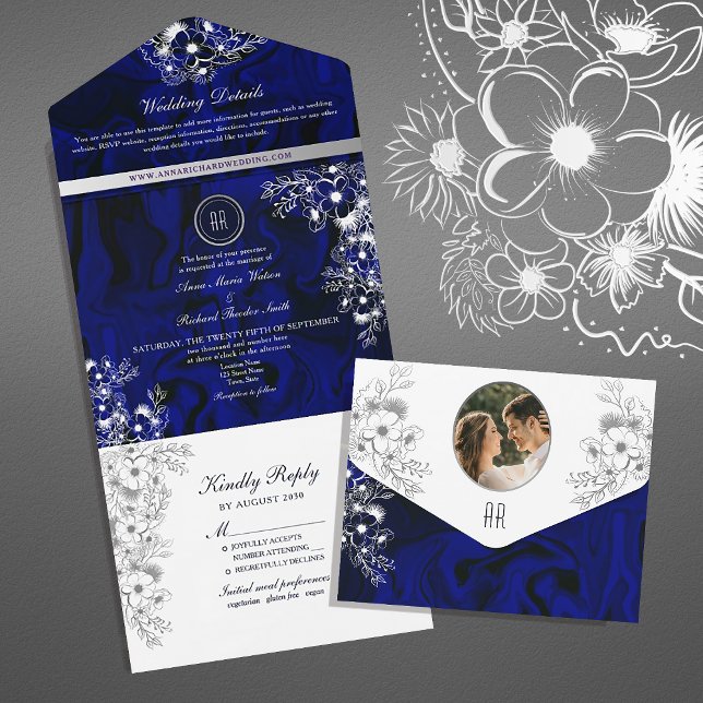 Romantic Royal Blue Floral Wedding Invitation (Creator Uploaded)