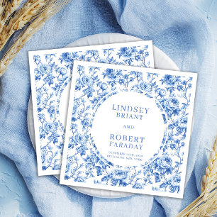 Romantic Royal Blue Toile Roses Wedding Napkin Set