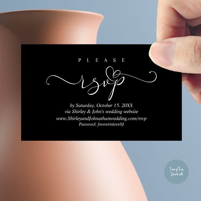 Romantic RSVP Wedding Invitation, via Website Enclosure Card (Modern RSVP Wedding Invitation, via Website Enclosure Card, Phone, email, Black White)
