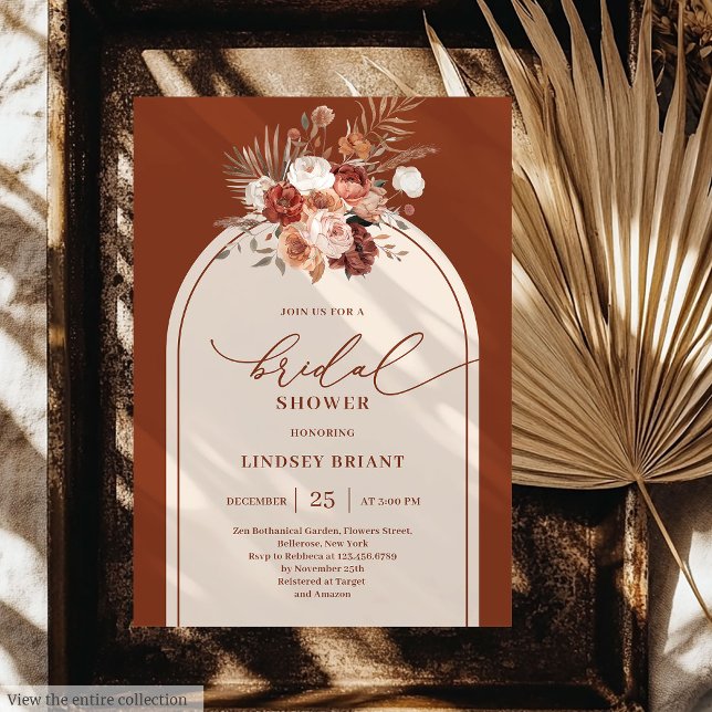 Romantic Rust Pampas Grass Floral Bridal Shower  Invitation (Romantic Rust Pampas Grass Floral Bridal Shower Card)