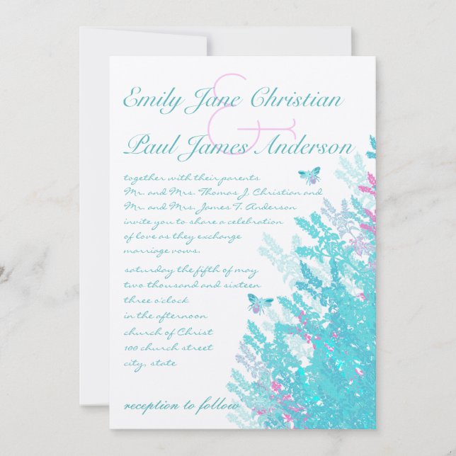 Romantic Rustic Aqau Pink Wildflower Bee Invitation (Front)