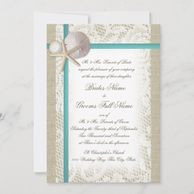Romantic Rustic Beach and Pearl Aqua Invitation (Front)