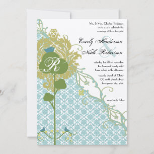 Romantic Rustic Birds Mint Damask Wedding Invitation