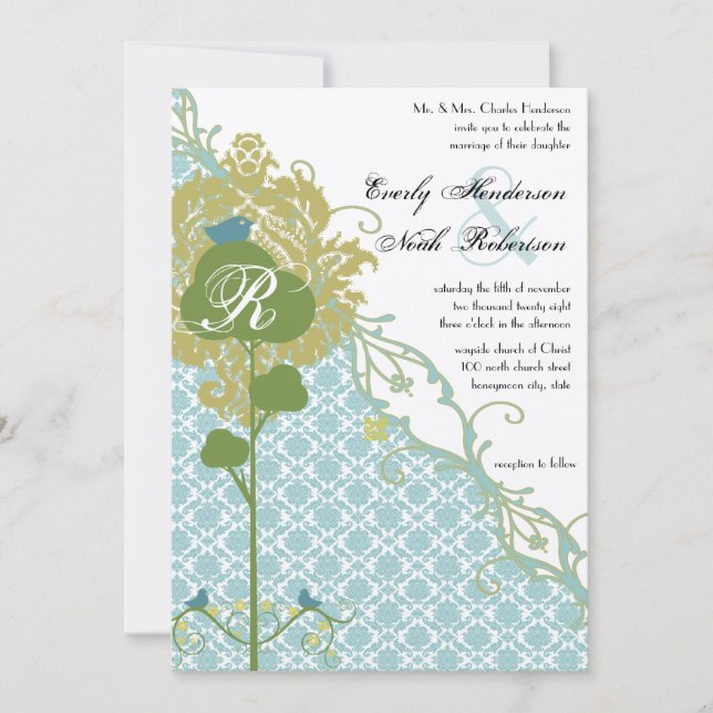 Romantic Rustic Birds Mint Damask Wedding Invitation (Front)