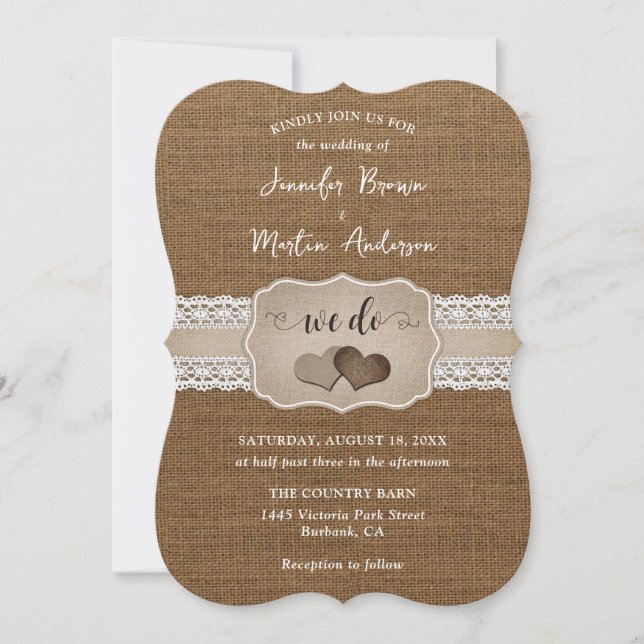 Romantic Rustic Burlap and Lace Wedding Invitation (Front)