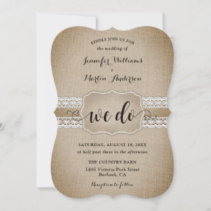 Romantic Rustic Country Burlap and Lace Wedding Invitation
