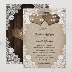 Romantic Rustic Country Burlap Floral Lace Wedding Invitation