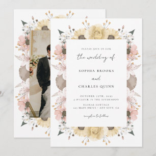 Romantic Rustic Floral Neutral Photo Wedding Invitation