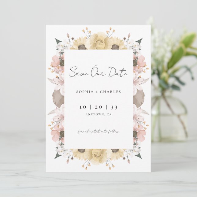 Romantic Rustic Floral Neutral Photo Wedding Save The Date (Standing Front)
