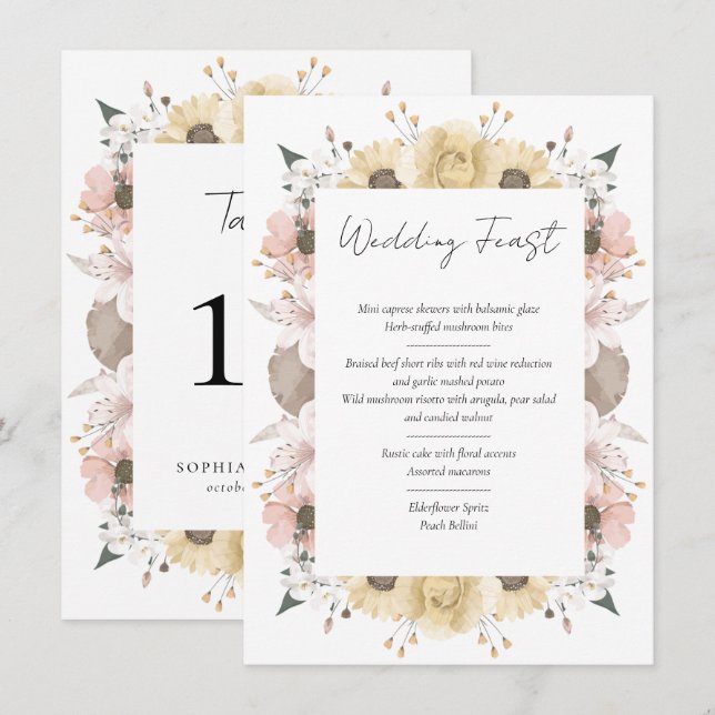 Romantic Rustic Floral Wedding Table Number Menu (Front/Back)