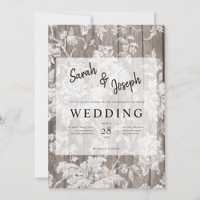 Romantic rustic flower wood wedding invitation (Front)