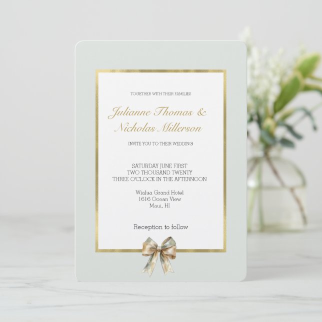 Romantic Rustic Green White Gold Bow Wedding Invitation (Standing Front)