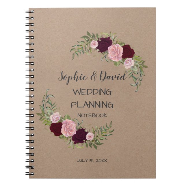 Romantic, Rustic Marsala Floral Wedding Planner Spiral Notebook (Front)