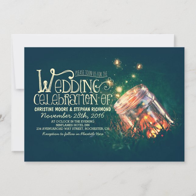 Romantic rustic mason jar & fireflies wedding invitation (Front)