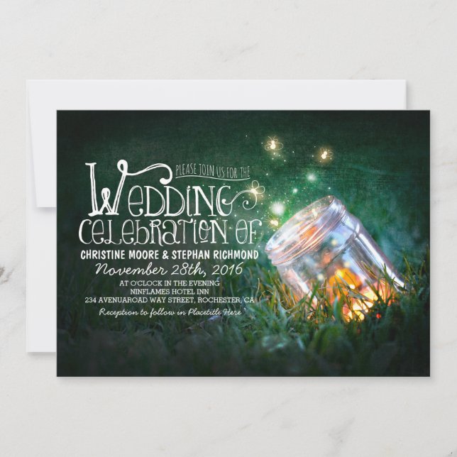 Romantic rustic mason jar & fireflies wedding invitation (Front)