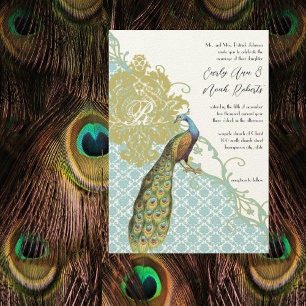 Romantic Rustic Mint Peacock Damask Wedding Invitation