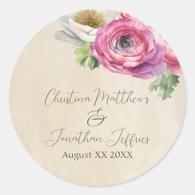 Romantic Rustic Pink & White Ranunculus Classic Round Sticker (Front)