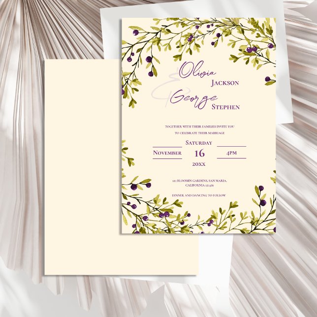 Romantic Rustic Purple Berry Leaves Wedding Invitation (Romantic Rustic Purple Berry Leaves Wedding Invitation)