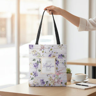 Romantic Rustic Purple Floral Barn Wood Monogram Tote Bag
