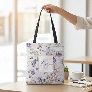 Romantic Rustic Purple Floral Barn Wood Monogram Tote Bag