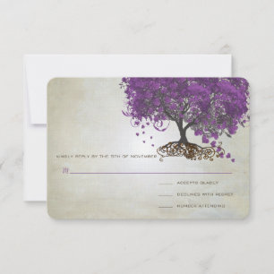 Romantic Rustic Purple Heart Leaf Tree Wedding RSVP Card