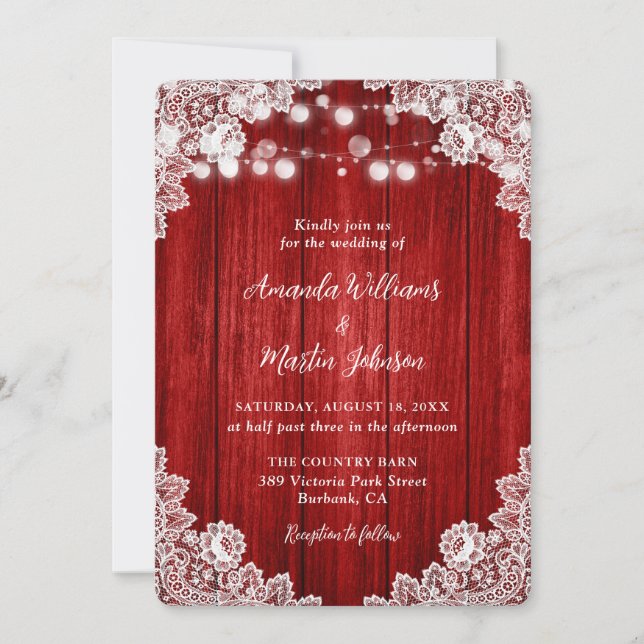 Romantic Rustic Red Wood Lace Wedding Invitation (Front)
