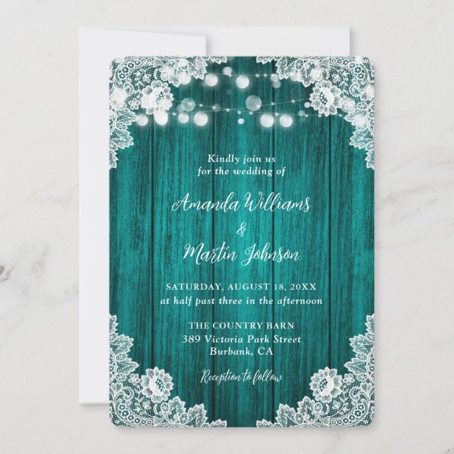 Romantic Rustic Teal Wood Lace Wedding Invitation (Front)