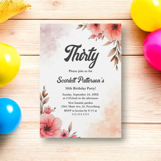 Romantic Rustic Watercolor Floral 30th Birthday Invitation (Creator Uploaded)