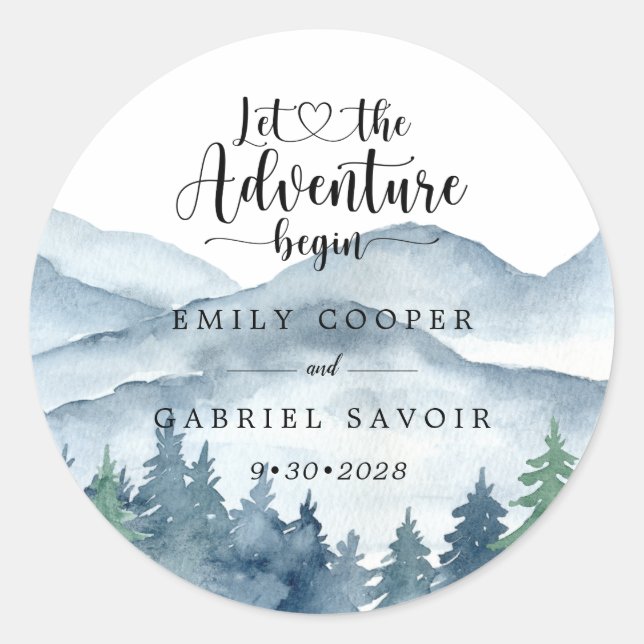 Romantic Rustic Watercolor Mountains Trees Wedding Classic Round Sticker (Front)