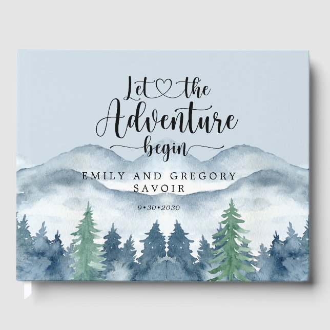 Romantic Rustic Watercolor Mountains Trees Wedding Guest Book (Front)
