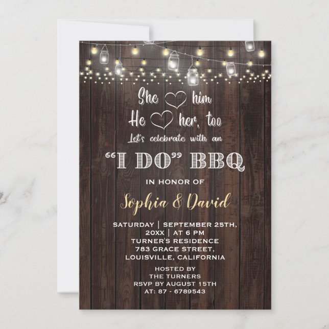 Romantic Rustic Wood I DO BBQ Rehearsal Dinner Invitation (Front)