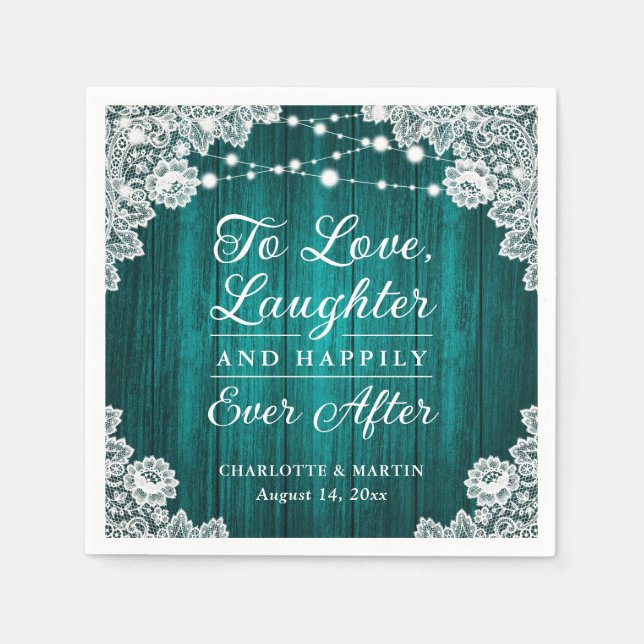 Romantic Rustic Wood Lace Teal Wedding Napkins (Front)