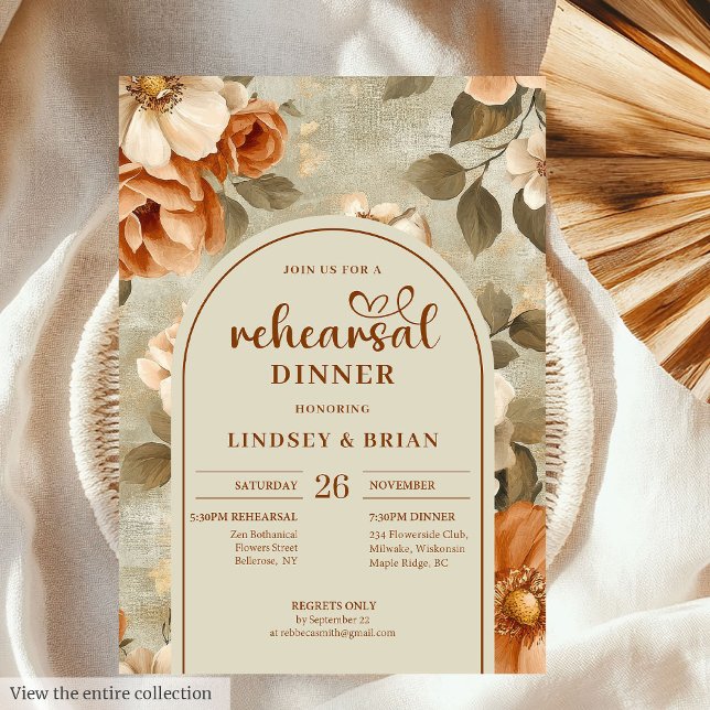 Romantic Rusty Beige Sage Floral Wedding Rehearsal Invitation (Romantic Rusty Beige Olive Floral Wedding Rehearsal Invitation)