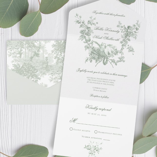 Romantic Sage Floral Wreath w/Lovebirds Wedding All In One Invitation (Creator Uploaded)