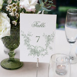 Romantic Sage Floral Wreath w/Lovebirds Wedding Table Number<br><div class="desc">This classic design captures all the elegance and romance of 18th century France,  and features an etched sage green floral wreath encircling a pair of nesting lovebirds. Customize the opacity level of the graphics in the design editor,  if desired. Includes editable text fields,  front and back,  for table number.</div>
