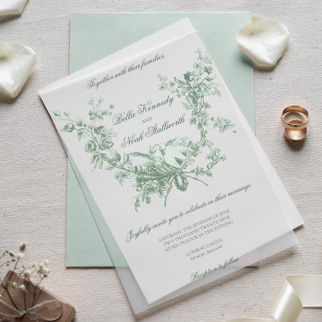 Romantic Sage Floral Wreath w/Lovebirds Wedding Vellum Invitations (Creator Uploaded)