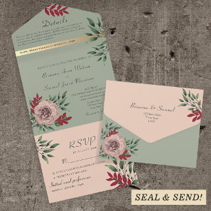 Romantic Sage Green Blush Floral Wedding All In One Invitation