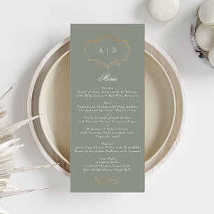 romantic sage green classic gold monogram wedding menu