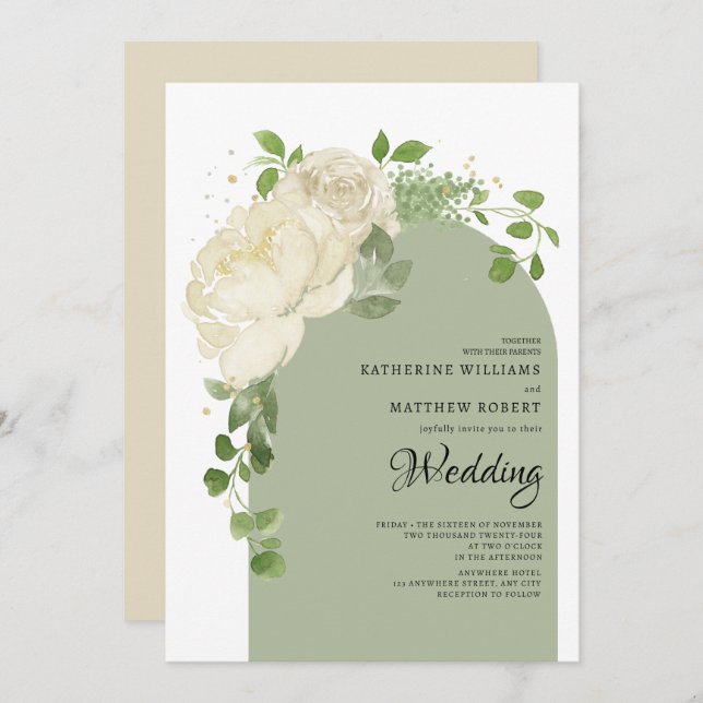 Romantic Sage Green Cream Roses Boho Floral Arch Invitation (Front/Back)
